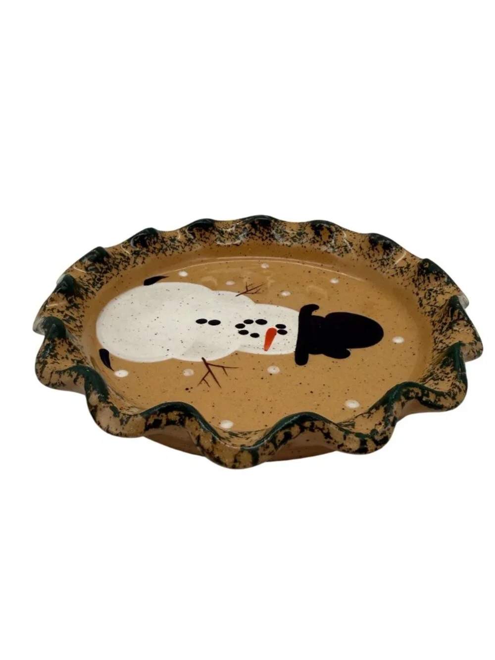 Vtg Three Rivers Pottery Snowman Side Plate Ruffled Green Spongeware Ohio USA